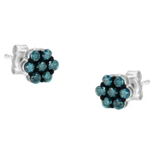 Sterling Silver Treated Blue Diamond Floral Stud Earrings (0.5 cttw, Blue Color, I2-I3 Clarity)