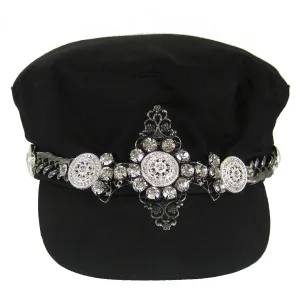 #1002h Black Newsboy Cap With Gunmetal Chain, Filigree & Rhinestone Embellishment