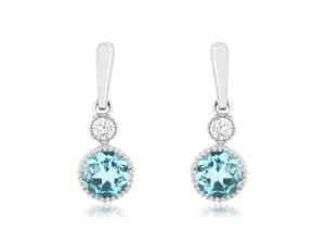 14K White Gold Diamond and Blue Topaz Drop Earrings