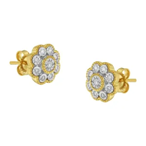 14K Yellow Gold Plated .925 Sterling Silver 1/6 Cttw Miracle-Plate Set Diamond Floral Stud Earrings (I-J Color, I2-I3 Clarity)