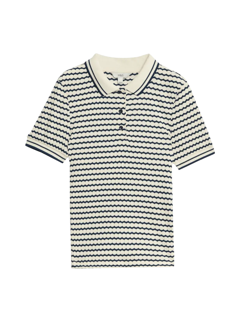 Cotton Blend Geometric Striped Polo Top