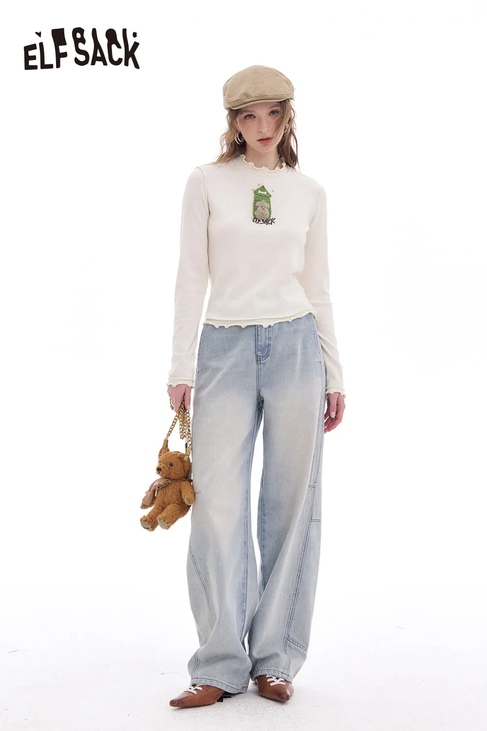ELFSACK 2025 Spring New Arrivals Ear Edge Base Layer Top Thin Long Sleeve T-Shirt White Wood Ear Edge Top