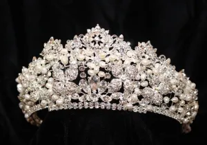 Gorgeous Big Royal Crystal & Freshwater Pearl Bridal Tiara Crown