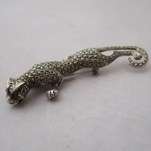 Sterling Silver Marcasite Panther Brooch With Ruby Eyes Vintage Mid Century c1960