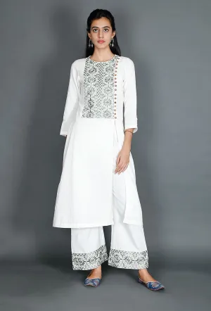 White Cotton Kurta With Green Floral Kantha Work