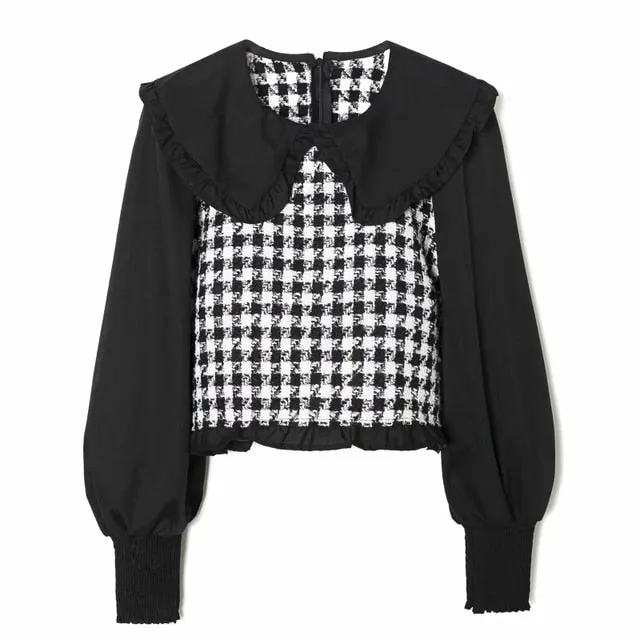 xakxx Women Contrast Color Lantern Sleeve Splicing Short Shirts Female Smock O Neck Blouses Casual Lady Loose Tops Blusas